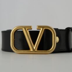 Valentino Garavani Black Leather Belt with Gold Buckle
