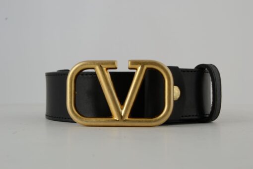 Valentino Garavani Black Leather Belt with Gold Buckle