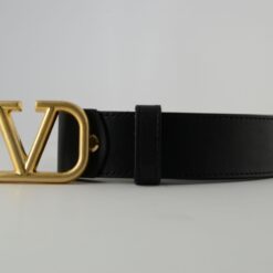 Valentino Garavani Black Leather Belt with Gold Buckle