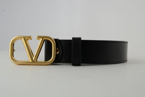 Valentino Garavani Black Leather Belt with Gold Buckle