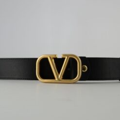 Valentino Garavani Black Leather Belt with Gold Buckle