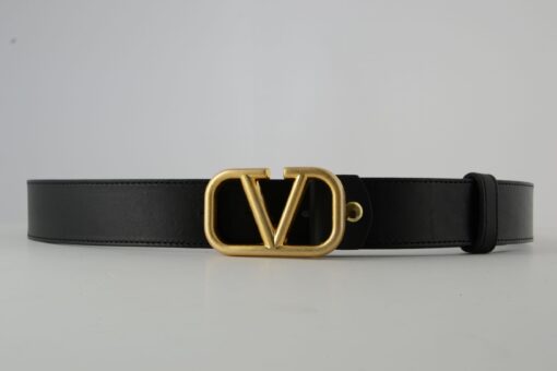 Valentino Garavani Black Leather Belt with Gold Buckle