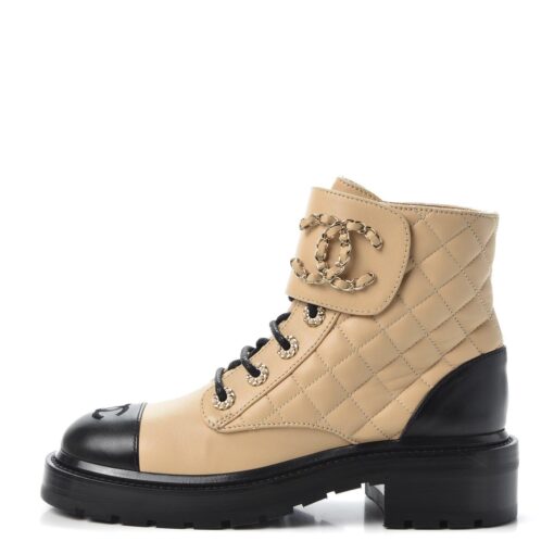 Calfskin Quilted Lace Up Combat Boots Beige