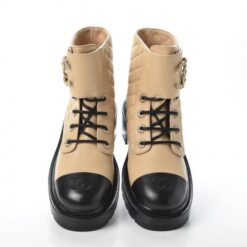 Calfskin Quilted Lace Up Combat Boots Beige