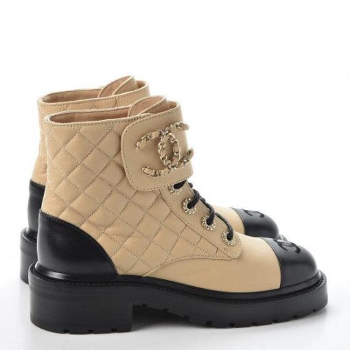 Calfskin Quilted Lace Up Combat Boots Beige