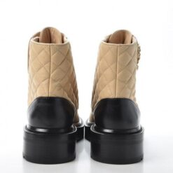 Calfskin Quilted Lace Up Combat Boots Beige