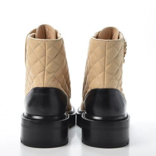 Calfskin Quilted Lace Up Combat Boots Beige