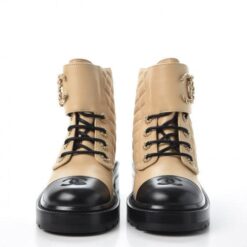 Calfskin Quilted Lace Up Combat Boots Beige