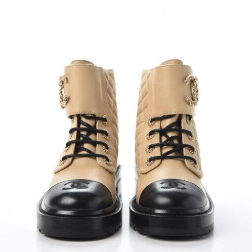 Calfskin Quilted Lace Up Combat Boots Beige