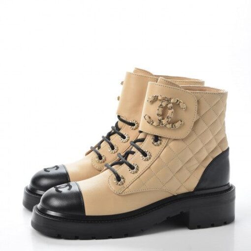 Calfskin Quilted Lace Up Combat Boots Beige