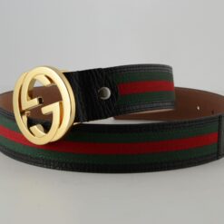 Gucci Red Green Stripe Belt with Gold Buckle