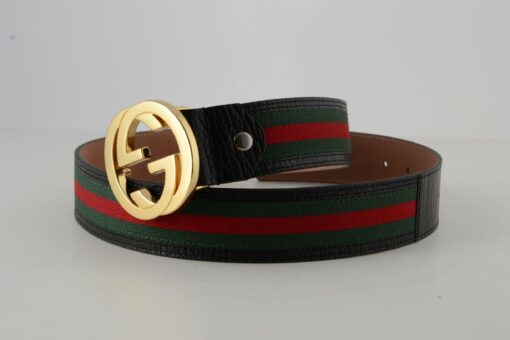 Gucci Red Green Stripe Belt with Gold Buckle