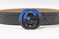 Gucci Signature Leather Belt with Black & Blue Buckle