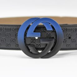 Gucci Signature Leather Belt with Black & Blue Buckle
