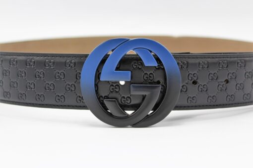 Gucci Signature Leather Belt with Black & Blue Buckle