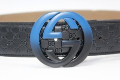 Gucci Signature Leather Belt with Black & Blue Buckle