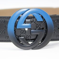 Gucci Signature Leather Belt with Black & Blue Buckle