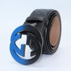 Gucci Signature Leather Belt with Black & Blue Buckle