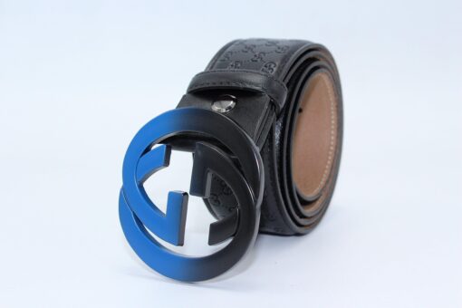 Gucci Signature Leather Belt with Black & Blue Buckle
