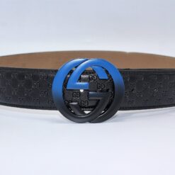 Gucci Signature Leather Belt with Black & Blue Buckle