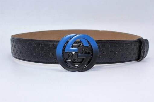 Gucci Signature Leather Belt with Black & Blue Buckle