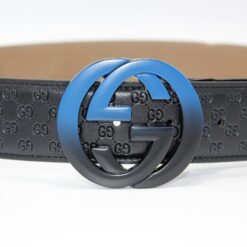 Gucci Signature Leather Belt with Black & Blue Buckle