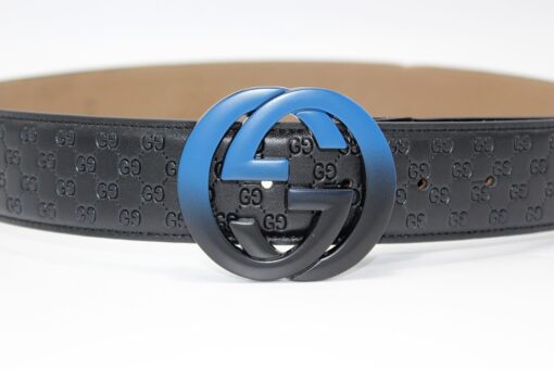 Gucci Signature Leather Belt with Black & Blue Buckle