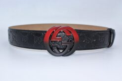 Gucci Signature Leather Belt with Black & Red Buckle