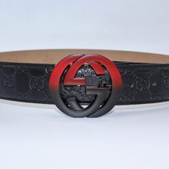 Gucci Signature Leather Belt with Black & Red Buckle