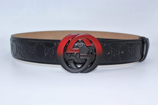 Gucci Signature Leather Belt with Black & Red Buckle