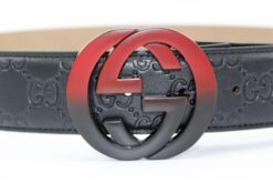 Gucci Signature Leather Belt with Black & Red Buckle