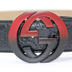Gucci Signature Leather Belt with Black & Red Buckle