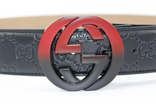 Gucci Signature Leather Belt with Black & Red Buckle