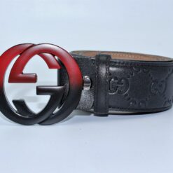Gucci Signature Leather Belt with Black & Red Buckle