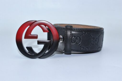 Gucci Signature Leather Belt with Black & Red Buckle