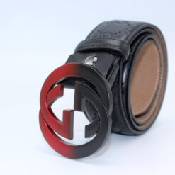 Gucci Signature Leather Belt with Black & Red Buckle