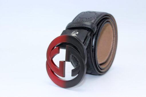 Gucci Signature Leather Belt with Black & Red Buckle