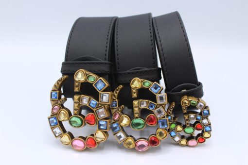 Leather belt with crystal Double G buckle - Brands Gateway