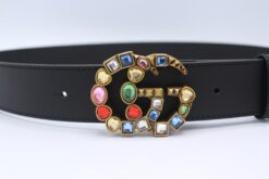 Leather belt with crystal Double G buckle - Brands Gateway
