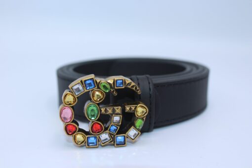 Leather belt with crystal Double G buckle - Brands Gateway