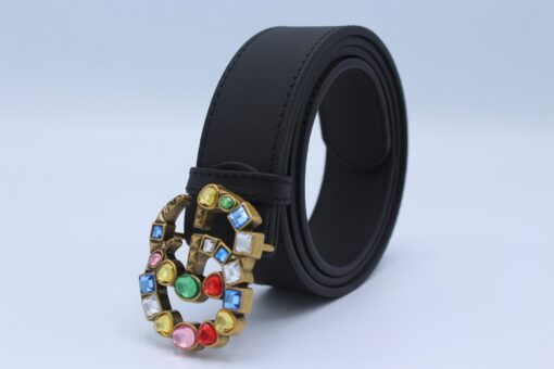 Leather belt with crystal Double G buckle - Brands Gateway