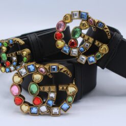 Leather belt with crystal Double G buckle - Brands Gateway