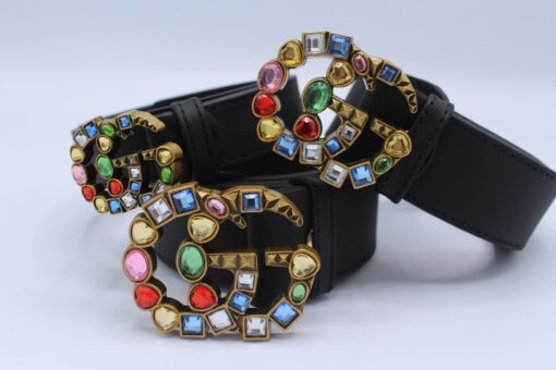 Leather belt with crystal Double G buckle - Brands Gateway