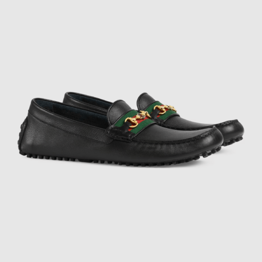 Gucci Men's Driver with Web Shoes in black calf leather with rubber sole